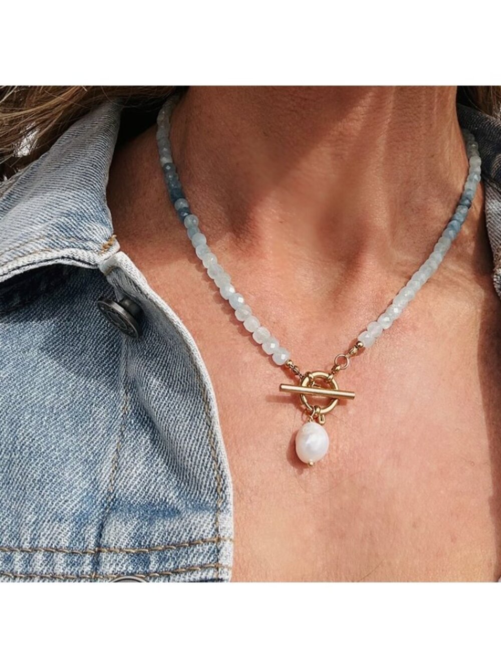 GORGEOUS Aquamarine Beaded Necklace w/Gold Toggle Clasp & Pearl, Reversible - Picture 11 of 11